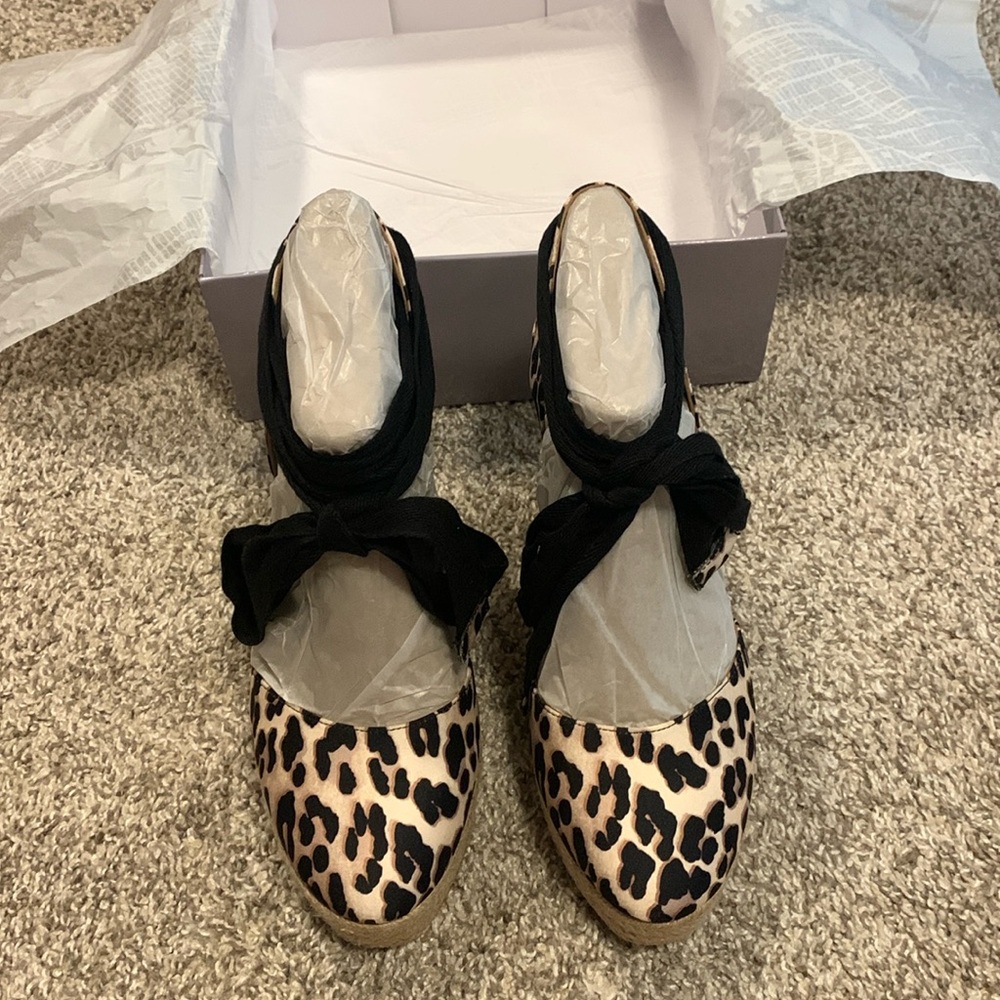 Jennifer Lopez Leopard Print Espadrille Wedges with Black Wrap Ties